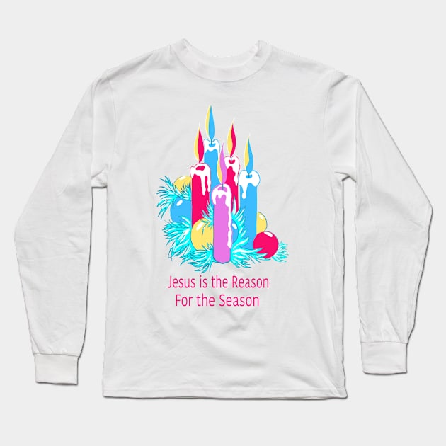 Bright nostalgic religious Christmas illustration candles and Christmas tree bulbs. Long Sleeve T-Shirt by Peaceful Pigments